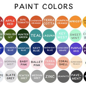 May include: A chart of paint colors with names for each color. The colors are arranged in rows and columns, with the names of the colors printed in white text on each circle.