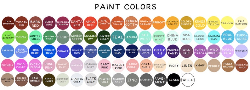 May include: A chart of paint colors with names for each color. The colors are arranged in rows and columns, with the names of the colors printed in white text on each circle.