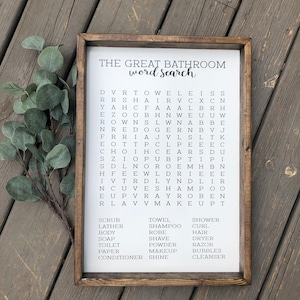 Bathroom Word Search Wooden Sign, Bathroom Decor, Rustic Farmhouse Wooden Sign, Funny Bathroom Signs, Housewarming Present image 1