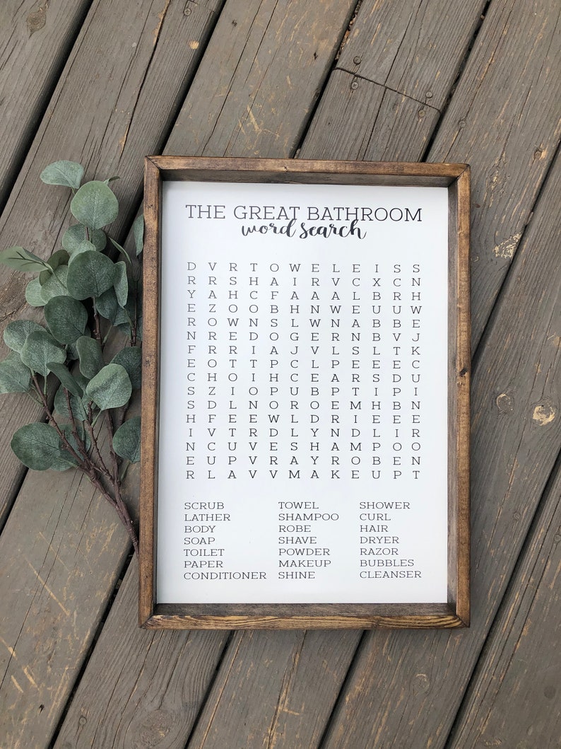 Bathroom Word Search Wooden Sign, Bathroom Decor, Rustic Farmhouse Wooden Sign, Funny Bathroom Signs, Housewarming Present image 1