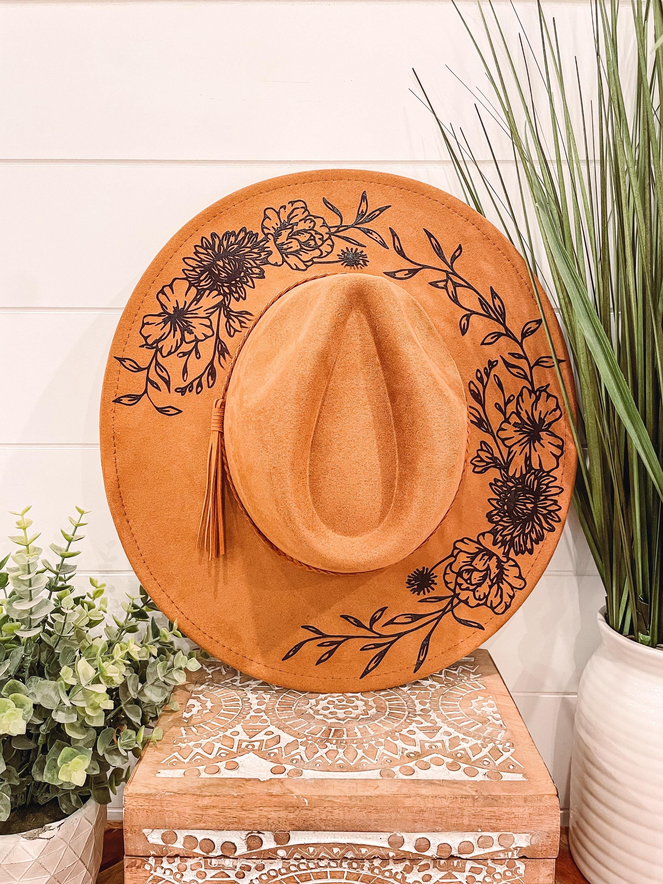 Floral Burned Hat, Floral Engraved Cowboy Hat, Sunflower Hat  display picture 1