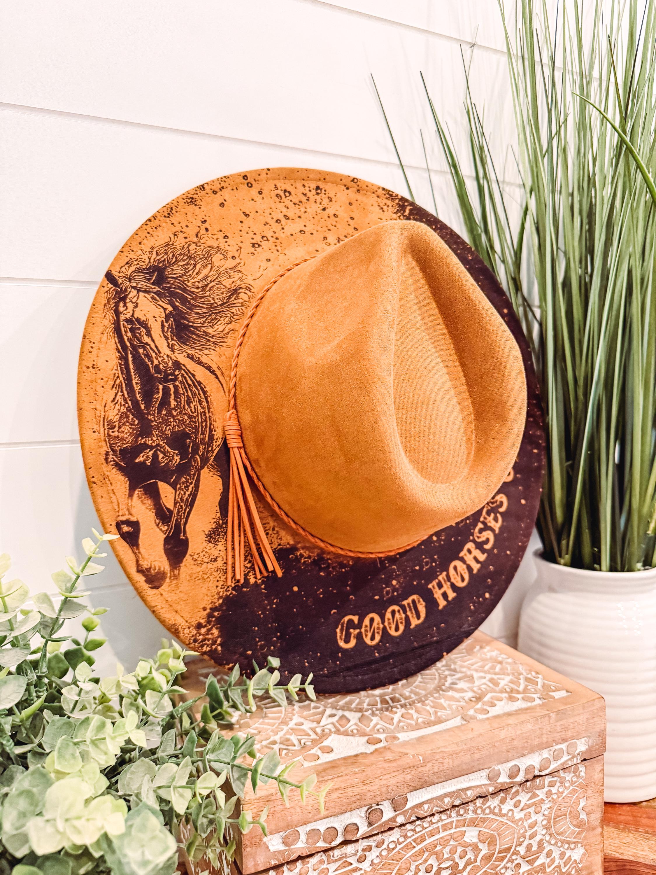 Custom Suede Fedora with Hand-Burned Quotes. Mint Scarf with Horse Pin Accent Sage green vegan suede hat with freehand burn design main image 2