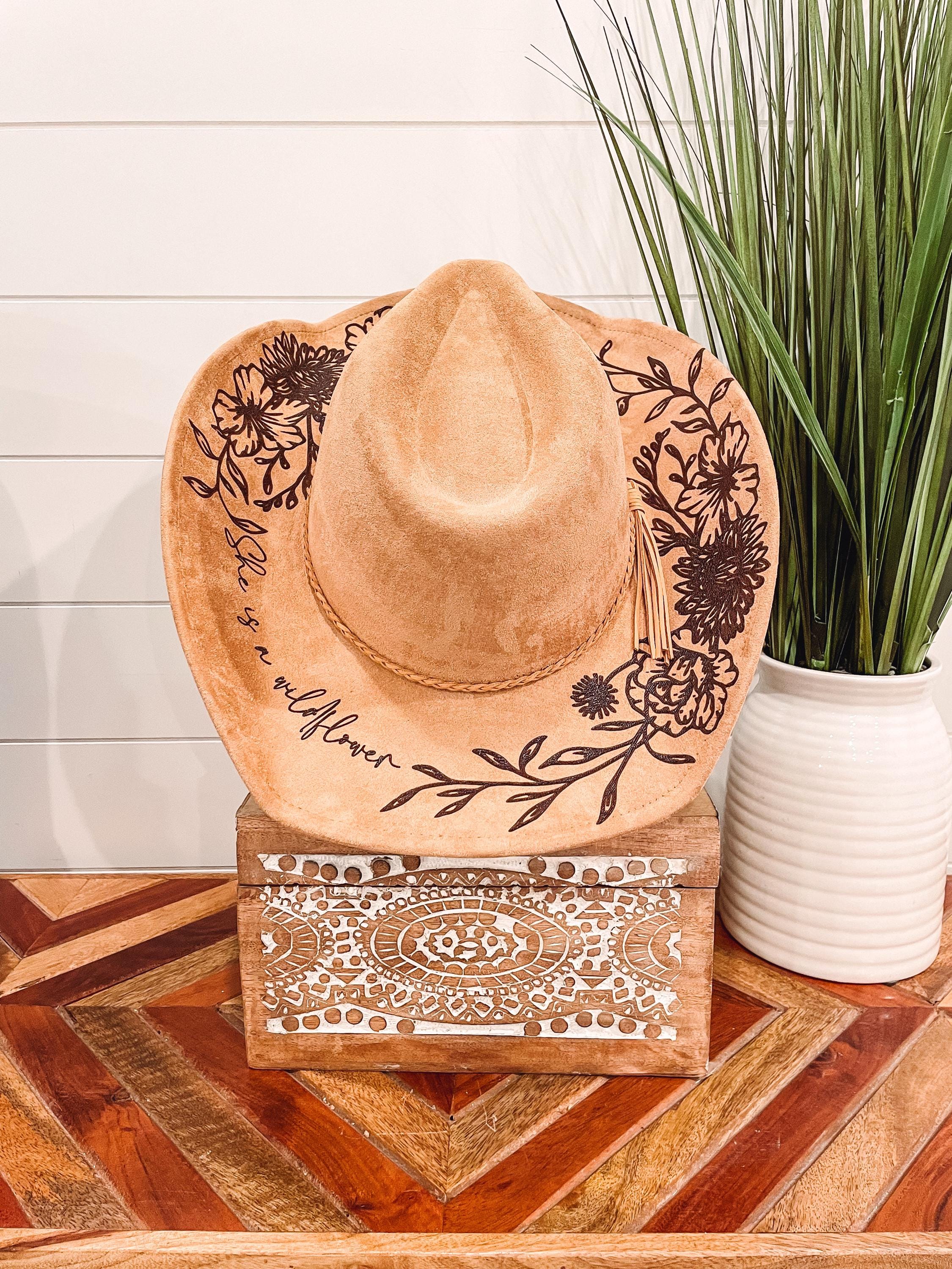 Floral Burned Hat, Floral Engraved Cowboy Hat, Sunflower Hat  display picture 1