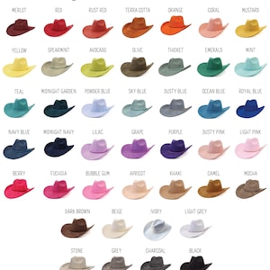 May include: A chart displaying a variety of vegan suede hats in various colors. The hats are arranged in rows and columns, with each hat labeled with its color name, including Merlot, Red, and Rust Red.