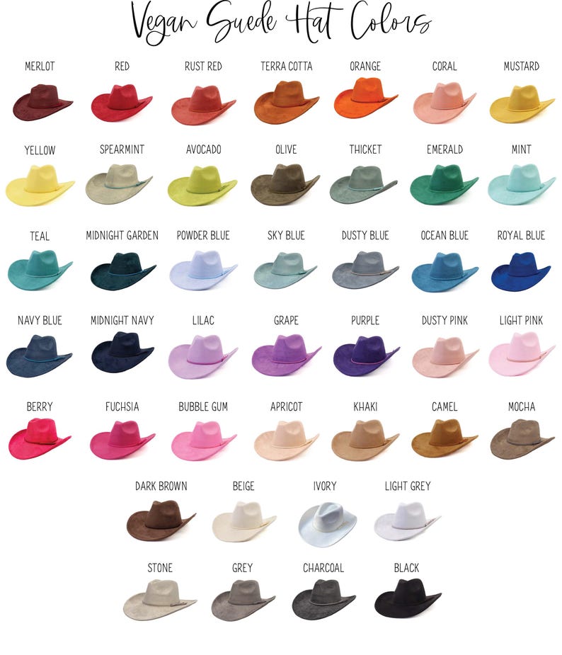 May include: A chart displaying a variety of vegan suede hats in various colors. The hats are arranged in rows and columns, with each hat labeled with its color name, including Merlot, Red, and Rust Red.