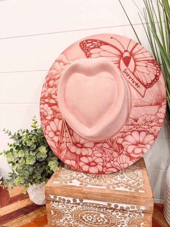 Pink Heart-Crown Felt Western Hat with Floral Brim Dusty Pink Heart Crown Cowboy Hat - Custom Western Style  main image 3