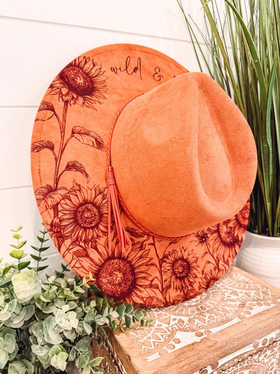 Sunflower Burned Hat, Floral Engraved Cowboy Hat, Sunflower  display picture 1