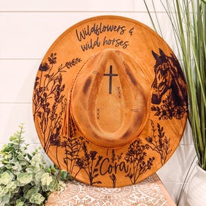 Wildflowers Hat, Burned Cowboy Hat, Floral Burned Hat, Cowgirl Hat, Horse Theme Hat, Horse Hat, Engraved Cowboy Hat, Boho Hat