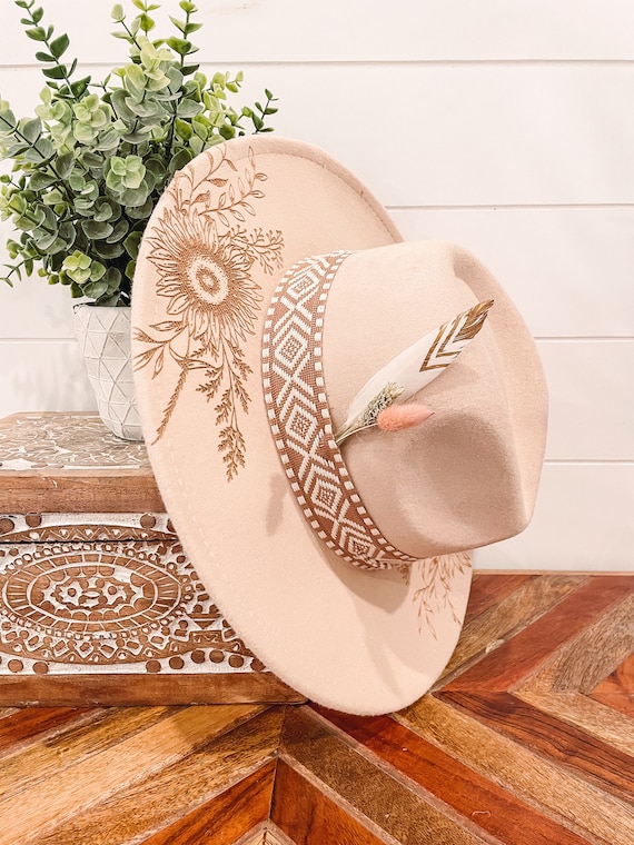 Floral Burned Hat, Floral Engraved Cowboy Hat, Sunflower Hat  display picture 3