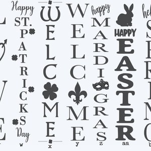 Puede incluir: Una descarga digital de colgadores de puerta imprimibles para varias fiestas. Los dise&ntilde;os incluyen texto como "Feliz Navidad", "Feliz D&iacute;a de San Valent&iacute;n", "Feliz D&iacute;a de San Patricio", "Feliz Pascua", "Feliz Martes de Carnaval", "Bienvenido" y "Verano".