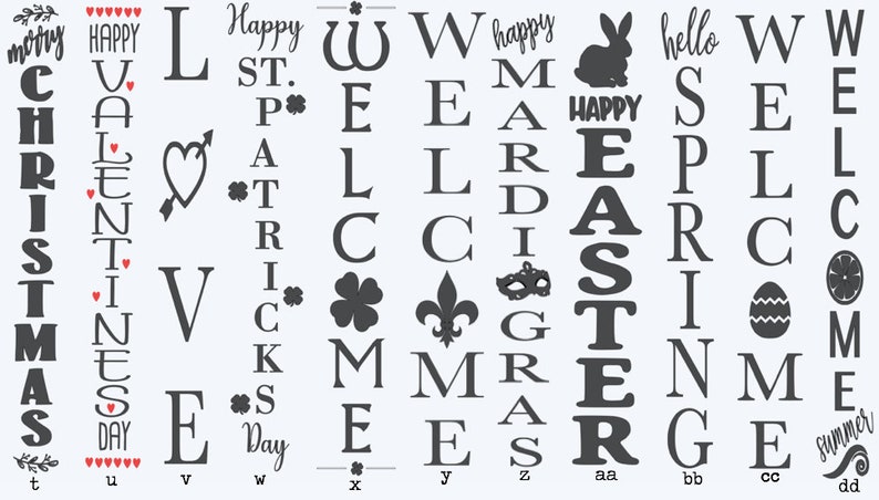 Puede incluir: Una descarga digital de colgadores de puerta imprimibles para varias fiestas. Los dise&ntilde;os incluyen texto como "Feliz Navidad", "Feliz D&iacute;a de San Valent&iacute;n", "Feliz D&iacute;a de San Patricio", "Feliz Pascua", "Feliz Martes de Carnaval", "Bienvenido" y "Verano".