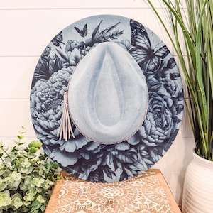 Peony Burned Hat, Floral Engraved Cowboy Hat, Peony Hat, Peony Burned Fedora, Engraved Suede Hat, Boho Hat, Vegan Suede