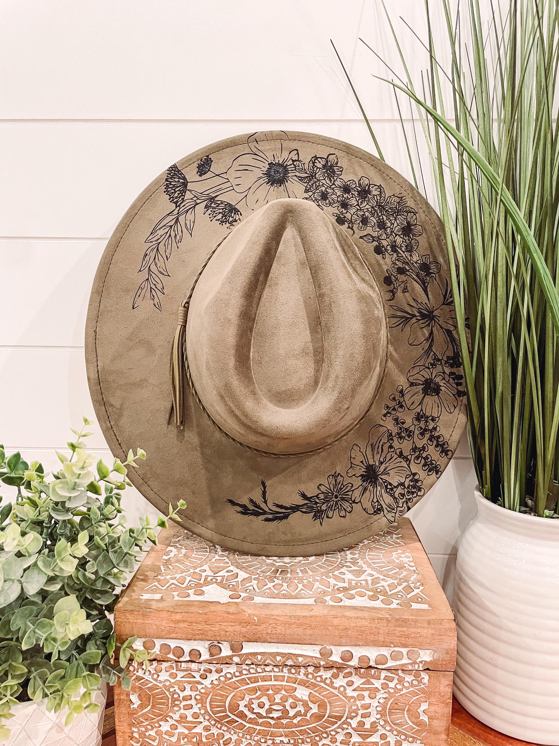 Floral Burned Hat, Floral Engraved Cowboy Hat, Sunflower Hat  display picture 2