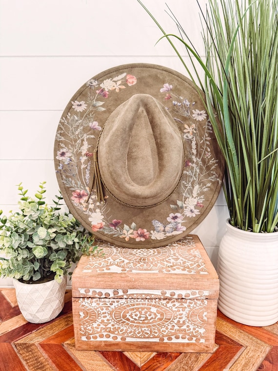 Floral Print Hat, Floral Cowboy Hat, Sunflower Hat, wildflower Fedora, Floral Suede Hat, Boho Hat, Vegan Suede, cowgirl hat, wide brim hat