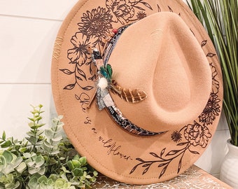 Floral Burned Hat, Floral Engraved Cowboy Hat, Sunflower Hat, Sunflower Burned Fedora, Engraved Fedora, Engraved Felt Hat, Boho Hat