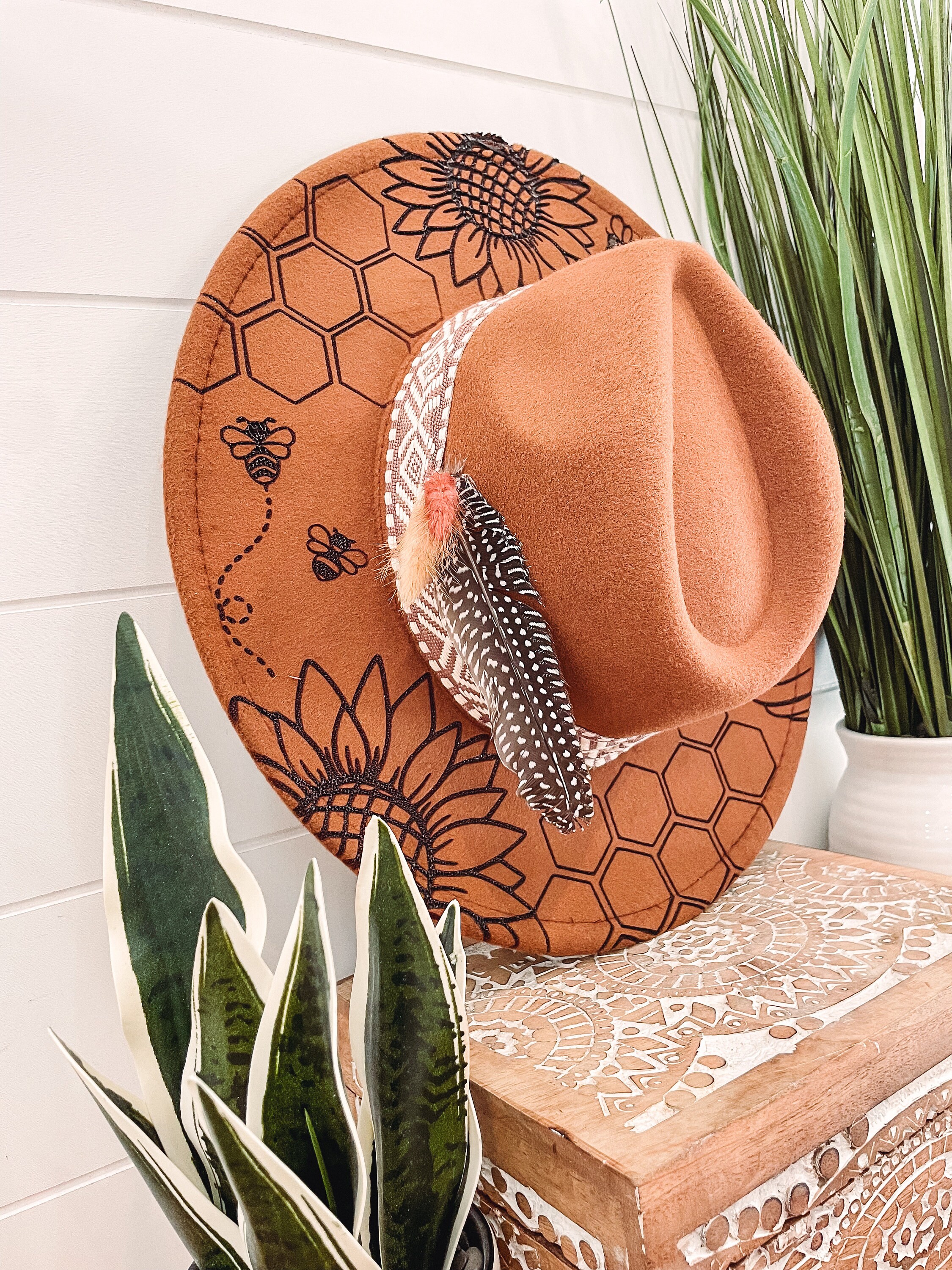 Woodburnt Sunflowerwers on a rusty red Hat Sunflower Burned Hat, Floral Engraved Cowboy Hat, Sunflower  main image 3