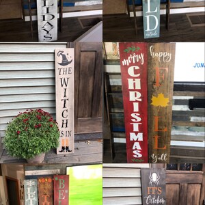 Puede incluir: Una colecci&oacute;n de letreros de madera con varios saludos navide&ntilde;os y de temporada. Los letreros presentan frases como "Felices Fiestas", "Feliz Navidad", "Es octubre, las brujas est&aacute;n aqu&iacute;", "La bruja est&aacute; aqu&iacute;", "Que nieve", "Agradecido", "Cree en la magia", "Hace fr&iacute;o afuera", y "Feliz y alegre para todos".