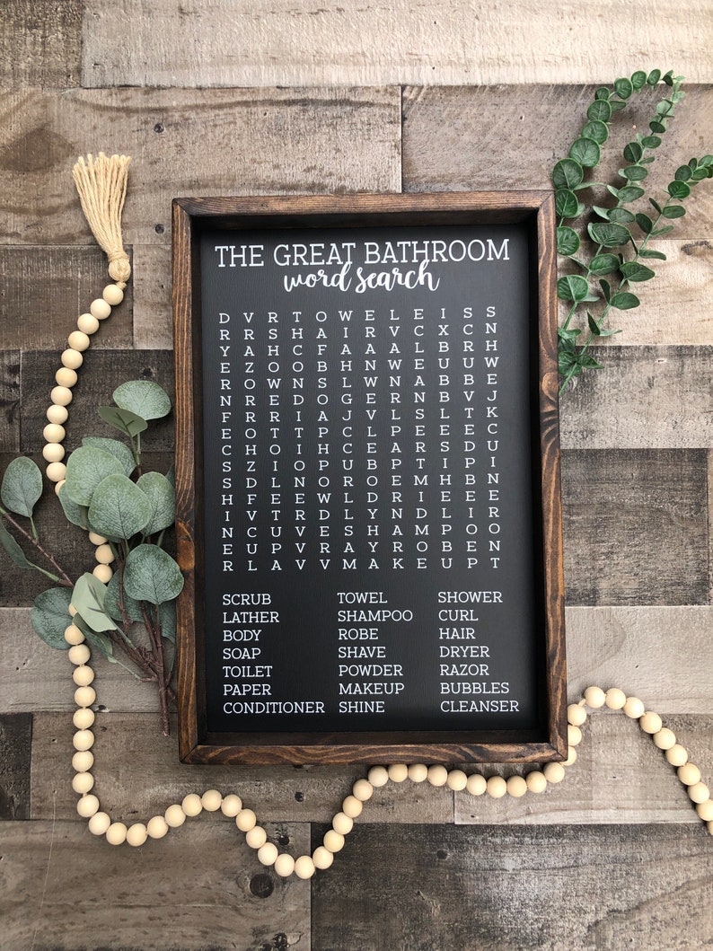 Bathroom Word Search Wooden Sign, Bathroom Decor, Rustic Farmhouse Wooden Sign, Funny Bathroom Signs, Housewarming Present image 2