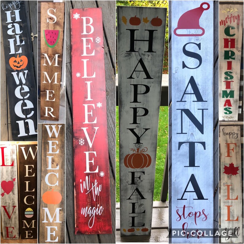 Puede incluir: Cinco letreros de madera con diferentes saludos de temporada. Los letreros est&aacute;n pintados en varios colores, incluyendo rojo, blanco y negro. Los letreros muestran las palabras "Happy Halloween", "Summer Welcome", "Believe in the magic", "Happy Fall" y "Santa Stops Here".