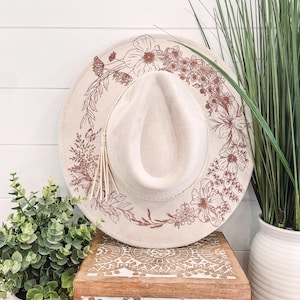 Floral Burned Hat, Floral Engraved Cowboy Hat, floral Hat, Floral Burned Fedora, Engraved Suede hat, Boho Hat, Vegan Suede