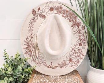 Floral Burned Hat, Floral Engraved Cowboy Hat, floral Hat, Floral Burned Fedora, Engraved Suede hat, Boho Hat, Vegan Suede