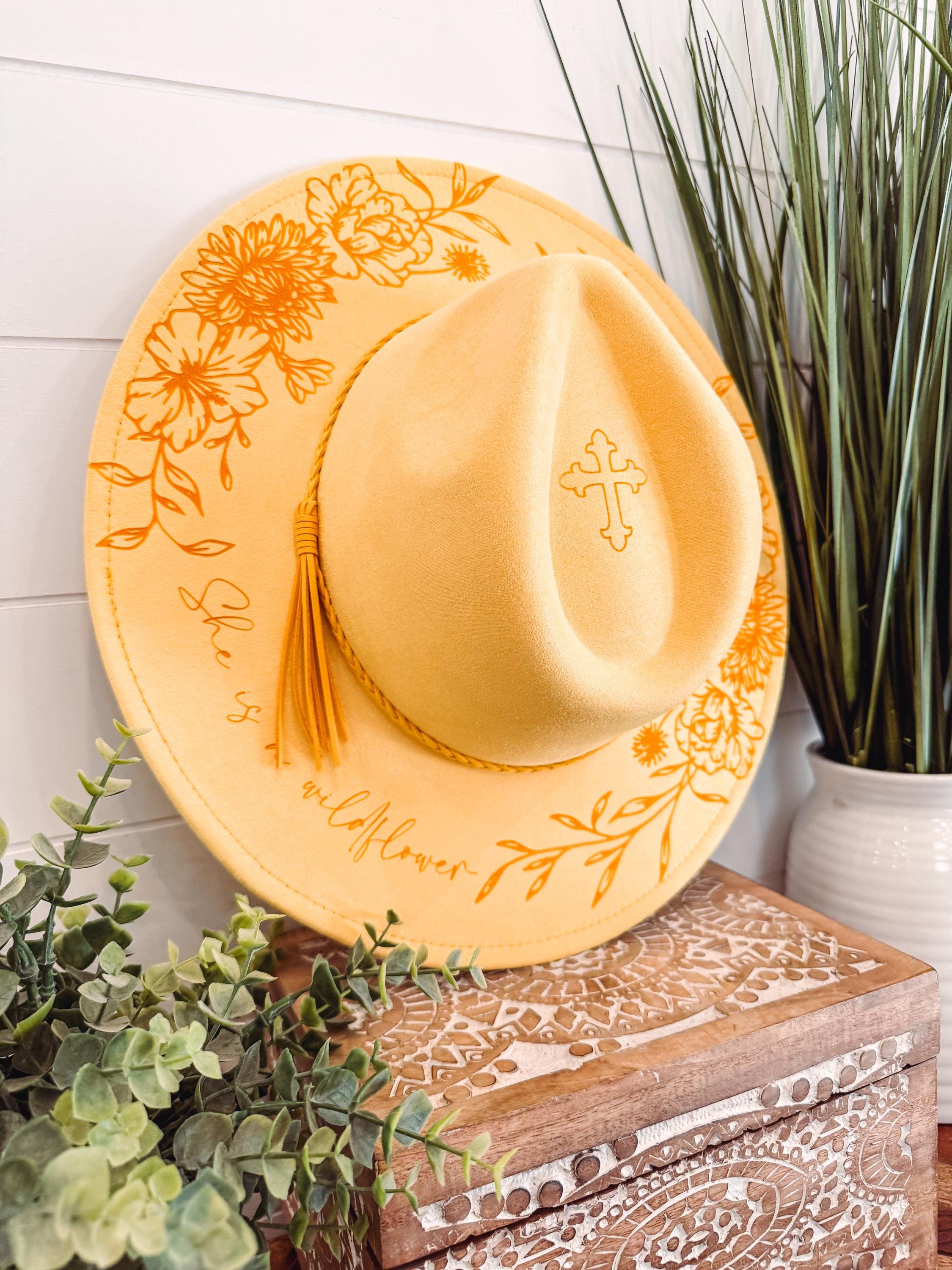 Floral Burned Hat, Floral Engraved Cowboy Hat, Sunflower Hat 