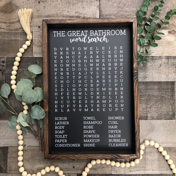 Houten bord woordzoeker badkamer, badkamerdecor, houten bord rustieke boerderij, grappige badkamerborden, housewarmingcadeau