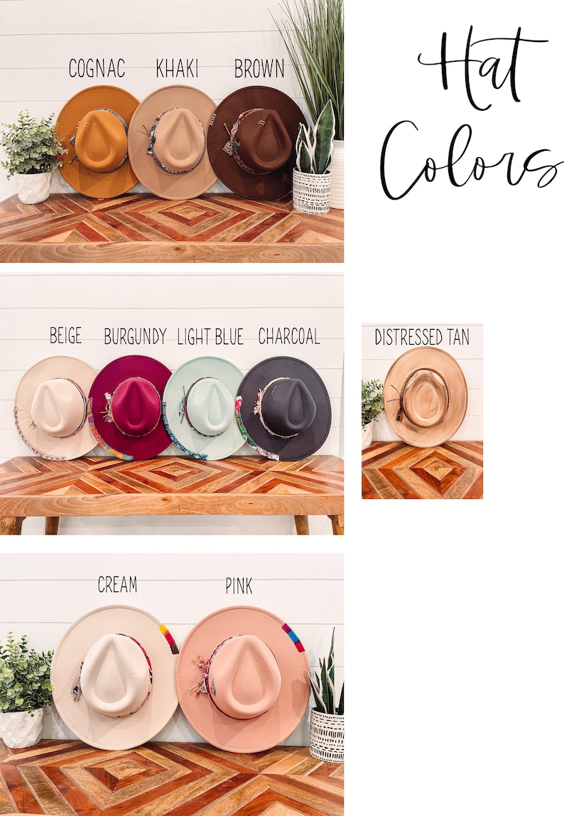 May include: A collection of ten felt hats in various colors, including cognac, khaki, brown, beige, burgundy, light blue, charcoal, distressed tan, cream, and pink. The hats are arranged in three rows on a wooden surface. The text "Hat Colors" is written in black cursive above the hats.