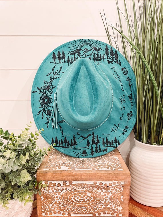 Mountain Floral Burned Hat, Mountain Engraved Cowboy Hat  display picture 2