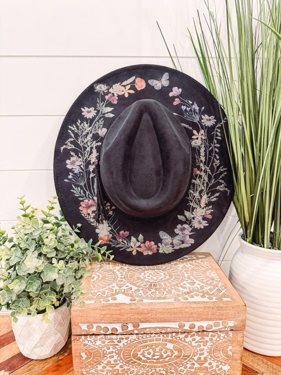 Women\'s Vintage Black & Multicolor Boho Embroidered Sun Hat Vintage Black Velvet Hat With Multicolor Velvet Band & Side  main image 4