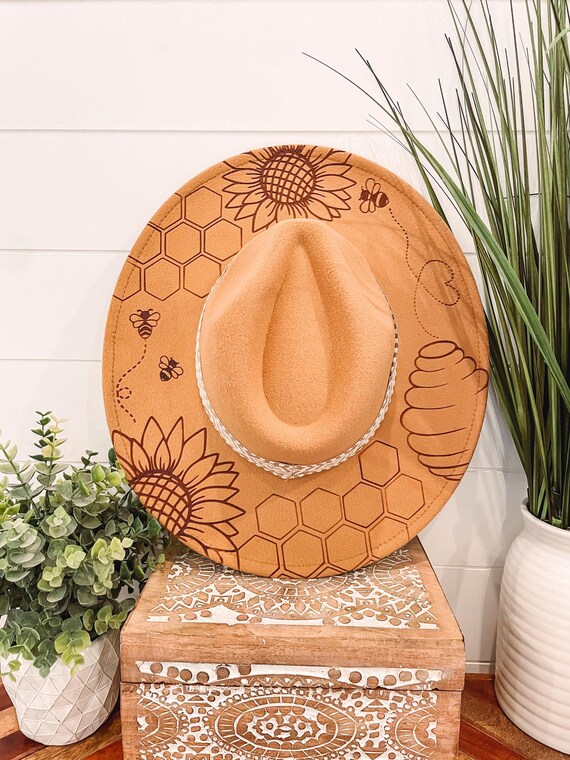 Sunflower Bee Burned Hat, Floral Engraved Cowboy Hat  display picture 2