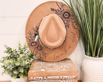 Leave Her Wild Floral Burned Hat, Floral Engraved Cowboy Hat, Sunflower Hat, Sunflower Burned Fedora, Engraved Felt Hat, Boho Hat