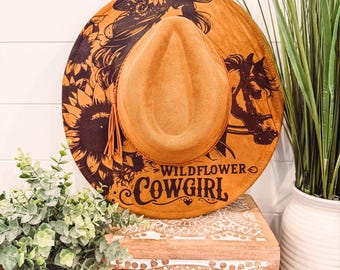 Wildflower Cowgirl Hat, Horse Hat, Horse Burned Hat, Floral Burned Hat, Cowgirl Hat, Horse Theme Hat, Cowgirl Engraved Hat