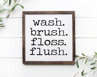 Wash Brush Floss Flush Wooden Framed Sign, Bathroom Wooden Sign, Bathroom Decor, Funny Bathroom Signs, Funny Restroom Decor, Restroom Decor