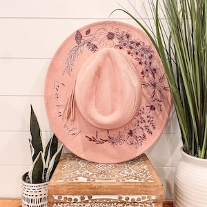 Wild Child Floral Burned Hat, Floral Engraved Cowboy Hat, Sunflower Hat, Sunflower Burned Fedora, Engraved Suede Hat, Boho Hat, Vegan Suede