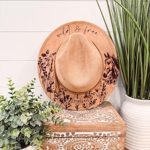 Youth Wildflowers Hat, Child Size Burned Hat, Floral Burned Hat, Cowgirl Hat, Horse Theme Hat, Horse Hat, Engraved Cowboy Hat