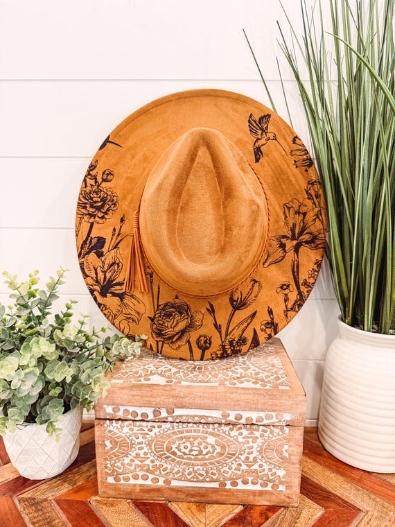 Vintage Floral Burned Hat, Floral Engraved Cowboy Hat 