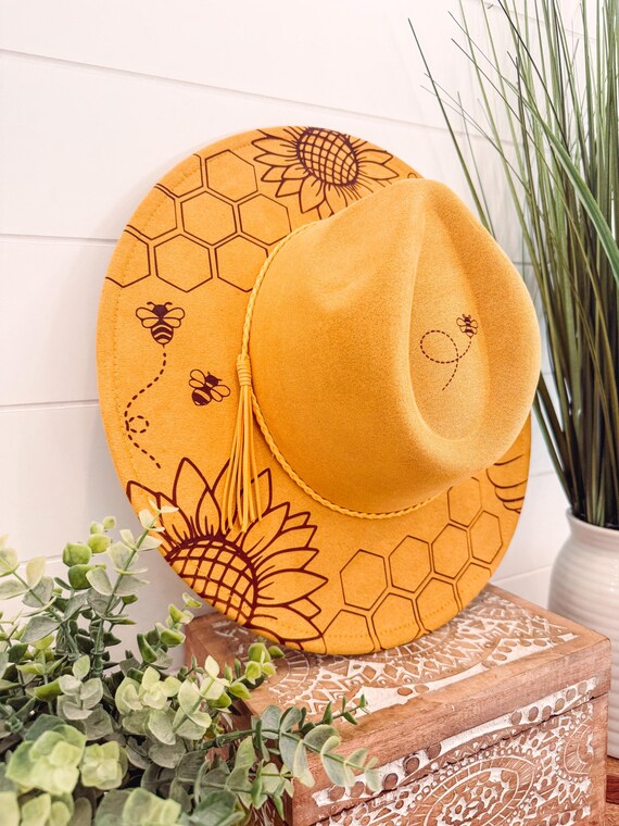 Sunflower Bee Hat, Floral Engraved Cowboy Hat, Sunflower Hat  display picture 3