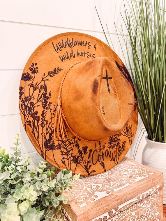 Wildflowers Hat, Burned Cowboy Hat, Floral Burned Hat  display picture 1