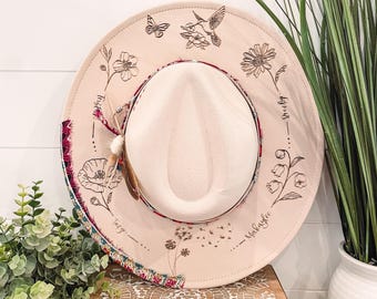 Birth Flower Burned Hat, Floral Engraved Cowboy Hat, Birth Month Flower Hat, Sunflower Burned Fedora, Gift for Mom, Engraved Felt Hat