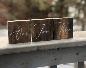 May include: Three wooden blocks with the words "One", "Two", and "Three" written in white calligraphy. The blocks are sitting on a grey wooden railing.