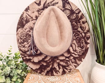 Pfingstrose Gebrannter Hut, Cowboy Hut mit Blumen Gravur, Peony Hut, Pfingstrose Gebranntes Fedora, Wildlederhut, Boho Hut, Veganes Wildleder