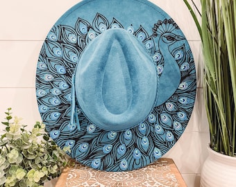 Peacock Burned Hat, Peacock Engraved Cowboy Hat, Peacock Hat, Peacock Burned Fedora, Engraved Suede Hat, Boho Hat, Vegan Suede