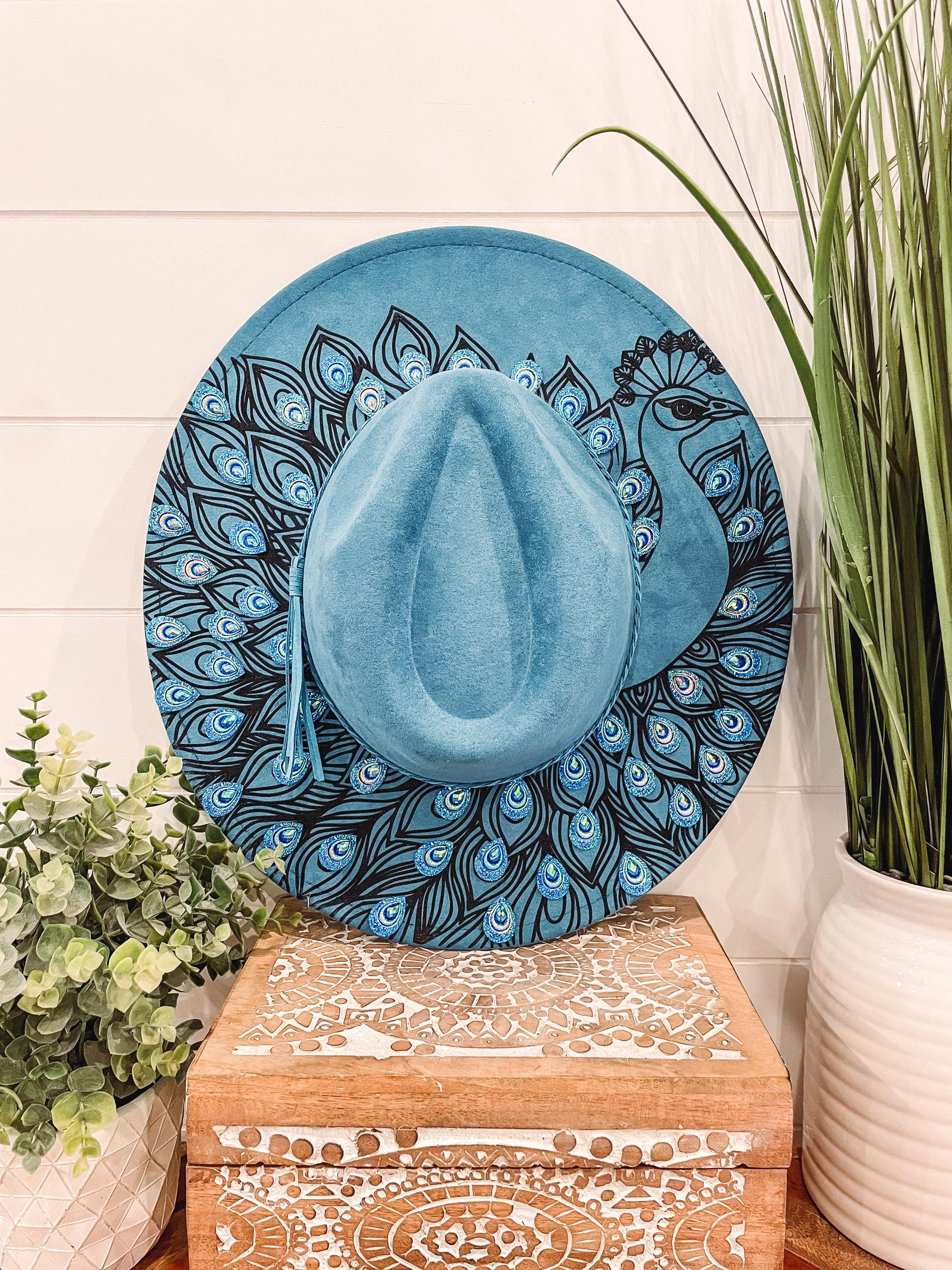 Peacock Burned Hat, Peacock Engraved Cowboy Hat, Peacock Hat 