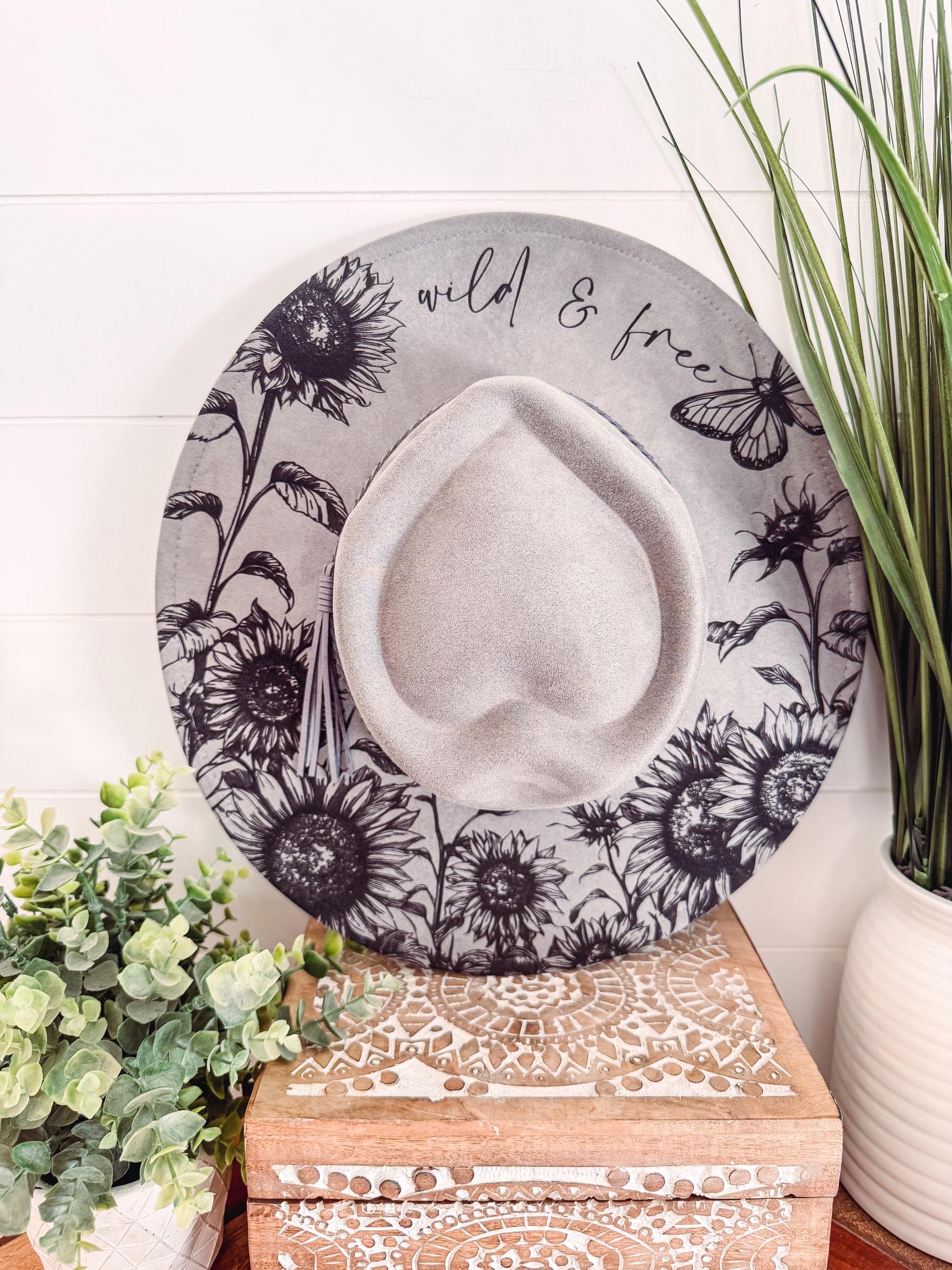 Sunflower Burned Hat, Floral Engraved Cowboy Hat, Sunflower Hat, Sunflower Burned Fedora, Engraved Suede Hat, Boho Hat, Vegan Suede