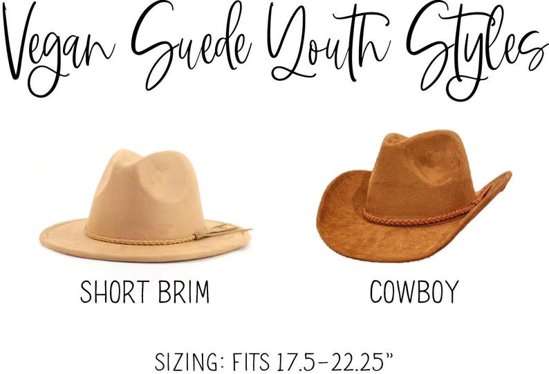 K&ouml;nnte beinhalten: Zwei vegane Jugendh&uuml;te aus Wildleder. Der Hut links hat einen kurzen Rand und ist beige. Der Hut rechts ist ein brauner Cowboyhut. Gr&ouml;&szlig;e: Passt f&uuml;r Kopfgr&ouml;&szlig;en von 17,5 bis 22,25 Zoll.