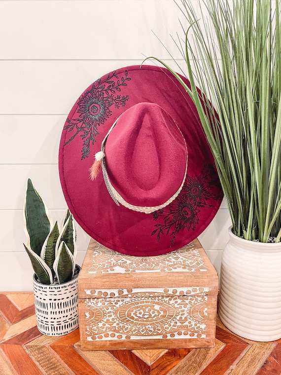 Maroon floral hat burgundy women’s cowgirl hat Hand-burned Maroon Burgundy Horse Rancher Cowboy Hat  main image 4