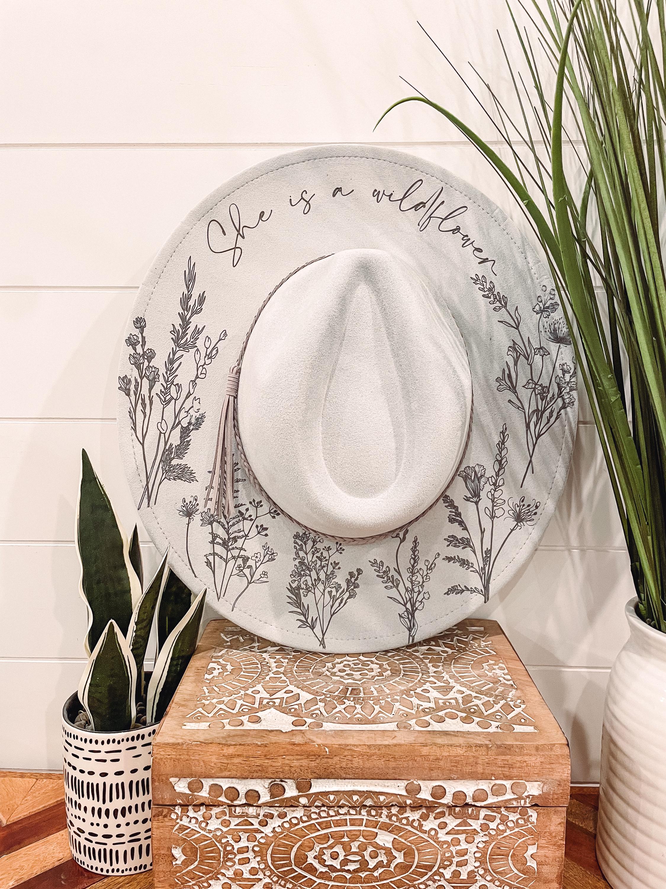 Hand Burned Hat | Wide Brim Hat | Branded Hat | wildflowers faux suede hat | All Free As A Bird Hand-Burned Faux Suede Fedora – Wildflowers  main image 2