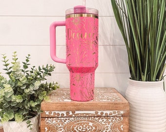 Floral 40oz Tumbler, Travel Mug, Engraved Tumbler, Floral Engraved Cup, Floral Travel Mug, Full Wrap, Travel Mug with handle, Butterfly Cup