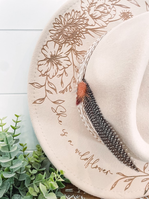 She is a Wildflower Floral Burned Hat, Floral Engraved  display picture 3